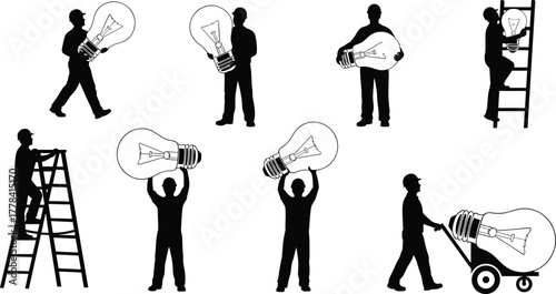 Silhouettes of people interacting with oversized light bulbs, vector illustration symbolizing innovation, teamwork, and creative effort in conceptual poses