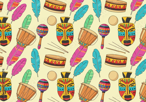 Colorful African Musical Instruments and Masks Pattern Design.
