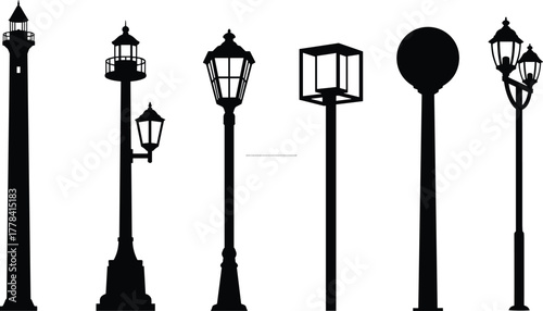 Silhouettes of six unique street lamp designs, vector illustration showcasing diverse urban light posts for architecture and city planning concepts