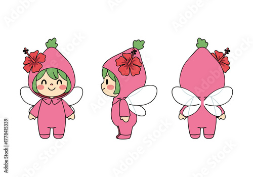  A character sheet of a cute, kawaii-style girl in a pink fairy costume with a flower in her hair, shown from the front, side, and back.