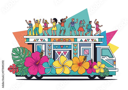 Colorful illustration of a party bus with dancing people and flowers.