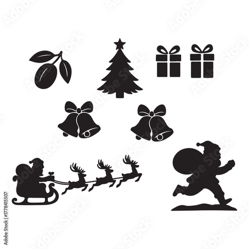 Festive Christmas Icons Santa, Reindeer, Sleigh, Gifts, and Bells for Holiday Design