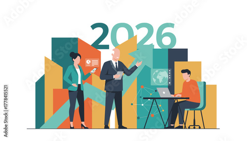 Business team planning 2026 financial strategy with data visualization and digital technology