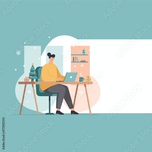 Remote worker using laptop in a cozy home office decorated for Christmas managing holiday tasks and business