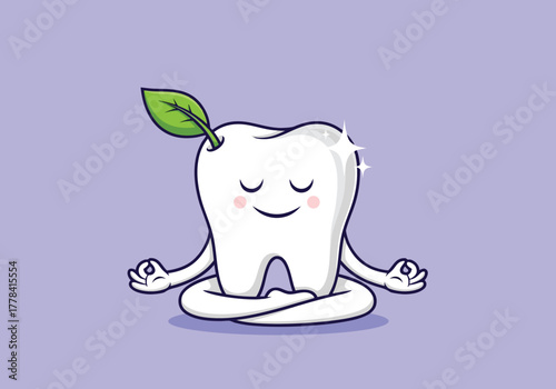 A cute cartoon white tooth character with a green leaf meditating in a lotus pose, symbolizing dental health and mindfulness.