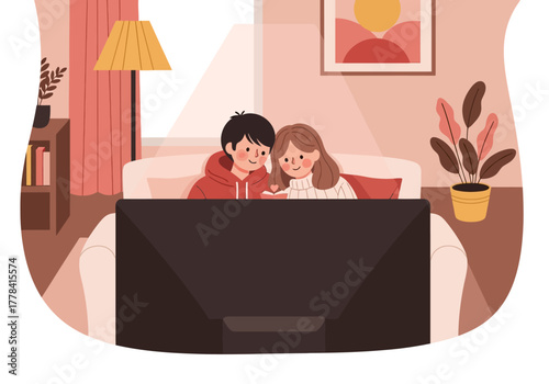 Couple enjoying movie night together on the couch at home.