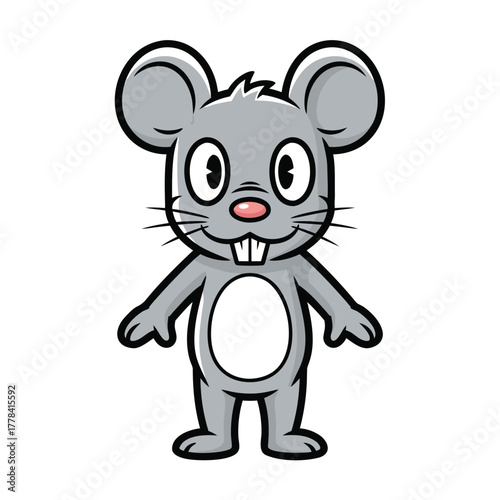 Cute grey cartoon mouse illustration standing upright with big ears, large eyes, and prominent front teeth, smiling cheerfully.