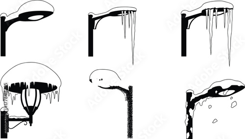 Silhouettes of street lamps in snowy and icy conditions, vector illustration of winter urban lighting with frost and icicle buildup