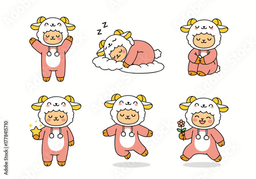 A character sheet of a cute, kawaii-style child in a pink sheep or lamb onesie, shown in a variety of poses, including sleeping and holding a flower.