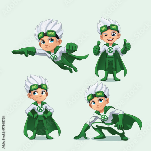 A cartoon superhero boy with white hair and green costume in four different action poses.