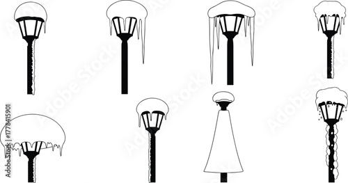 Silhouettes of street lamps with varied snow and ice buildup, vector illustration of winter urban lighting in freezing conditions