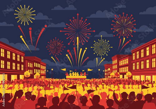 Crowd of people celebrating a festival with fireworks.