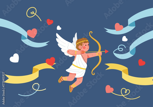 Cupid with bow and arrow aiming at hearts, love concept.