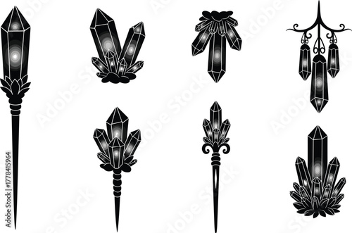 Silhouettes of stylized crystal formations on ornate bases, vector illustration of magical gemstones for fantasy, decoration, and mystical themes