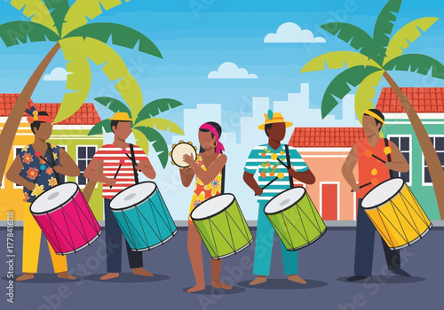 Diverse group of musicians playing drums and percussion instruments outdoors.