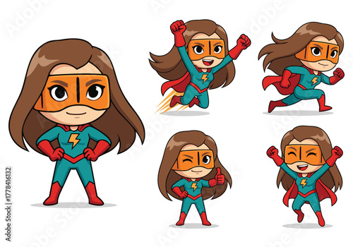 Cartoon female superhero character in various action poses, including flying, running, and standing, wearing a teal suit, red cape, and orange mask.