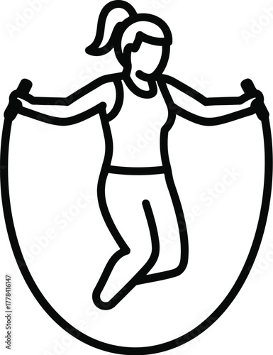 Woman jumping rope isolated on transparent background, a fitness icon for cardio workout and healthy lifestyle, vector illustration in black outline