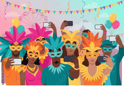 Diverse group of people celebrating carnival in vibrant masks and costumes taking photos with smartphones.