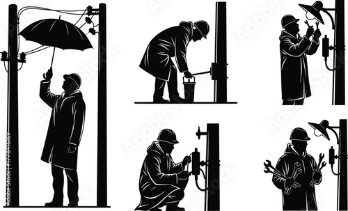 Silhouettes of utility worker performing electrical pole maintenance, vector illustration of infrastructure repair tasks in varied outdoor conditions