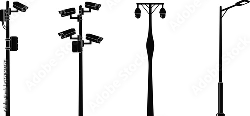 Silhouettes of urban poles with surveillance cameras and streetlights, vector illustration of public infrastructure and modern city fixtures
