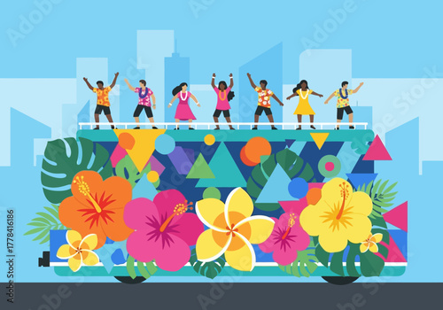 Diverse group of people celebrating on a colorful float adorned with tropical flowers.