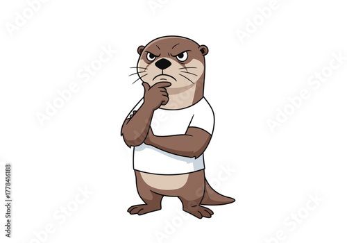 A cartoon illustration of a brown otter wearing a white t-shirt, looking thoughtful or grumpy with its hand on its chin.