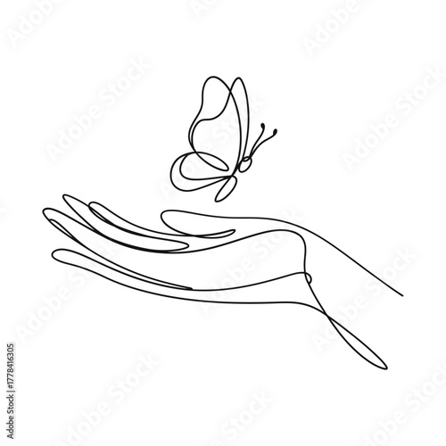 Elegant single line drawing of a hand releasing a butterfly