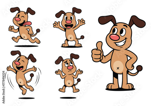 A collection of cartoon dog character illustrations showing various emotions and actions, including running, jumping, excited, sad, and giving a thumbs up.