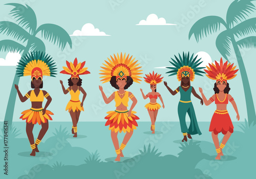 Diverse group of women in vibrant carnival costumes dancing joyfully.