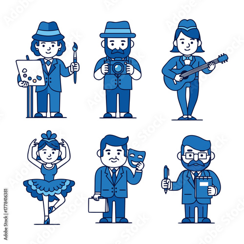 Six blue and white cartoon characters representing various creative professions and hobbies.