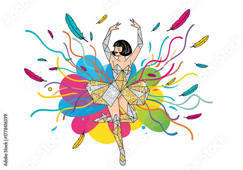 Elegant ballerina in a golden dress with colorful decorations and feathers.