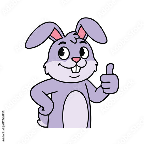 A friendly cartoon purple rabbit character with big ears and buck teeth gives a thumbs up gesture, smiling happily.