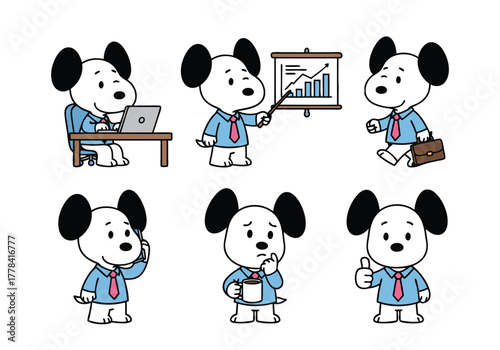 A cartoon dog character in a blue shirt and red tie performing various business tasks and expressions.