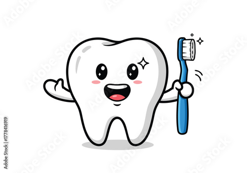 A happy, sparkling, and clean cartoon tooth character with cute rosy cheeks, holding a blue toothbrush. This friendly and joyful mascot is perfect for promoting children's dental health and hygiene.