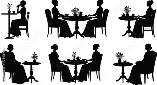 Women silhouette scenes at tables with tea, books, flowers and conversation for lifestyle, leisure, social and relationship vector design