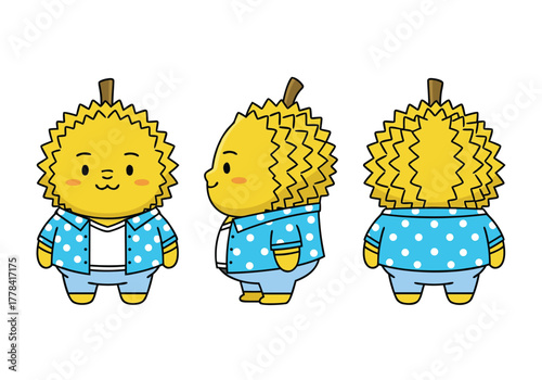 A character sheet of a cute, kawaii-style cartoon durian fruit, shown from the front, side, and back, a perfect character for a children's story or brand.