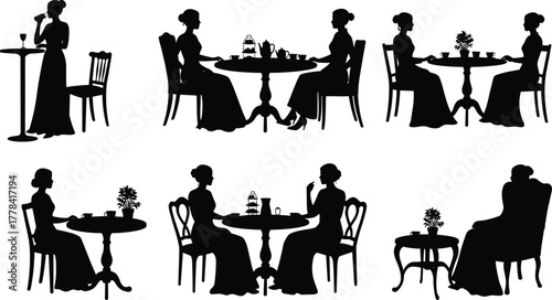 Women silhouette scenes at tables with tea, flowers, conversation and quiet moments for lifestyle, leisure and relationship vector design