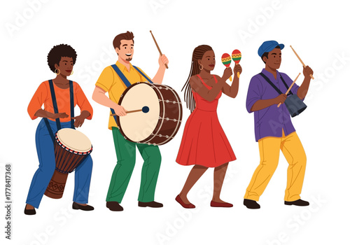 Group of musicians playing drums and percussion instruments together.