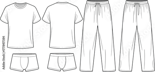 “Men’s T-Shirt Boxer Pants Fashion CAD Vector Flat Sketch Top View Template