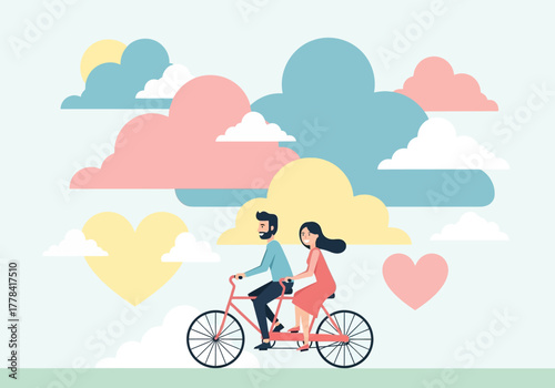 Happy couple enjoying a romantic tandem bicycle ride together.