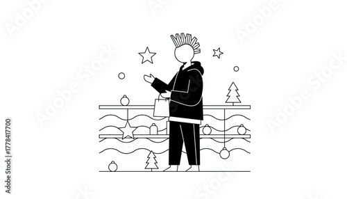A punk person shopping for Christmas gifts and decorations in a minimalist line art illustration