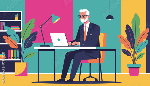 Experienced executive working remotely in a bright stylish office illustration