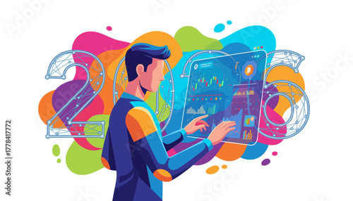 Man analyzes future cryptocurrency trends and market data for 2026 planning on a virtual screen