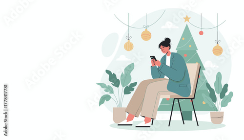 Woman using smartphone near Christmas tree Holiday season communication and digital connection