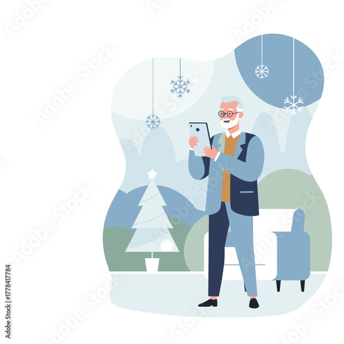 Elderly man uses a digital tablet in a cozy decorated winter home for communication or shopping