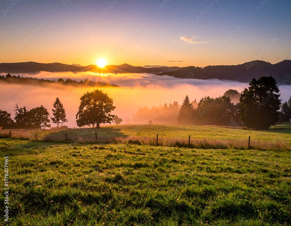 Obraz premium Sunrise over a misty valley (1)