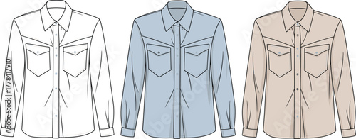 Men’s western shirt CAD, button-down long sleeve vector, detailed fashion flat technical sketch for apparel design and garment illustration