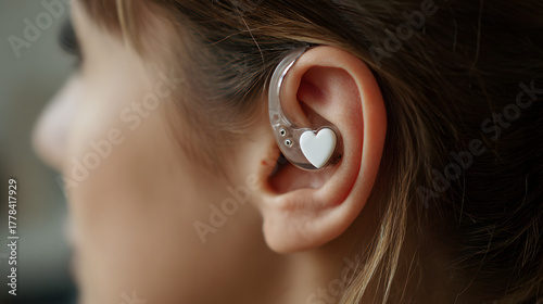 Close-up of an ear with a professional hearing aid. Background illustration of a deaf person.