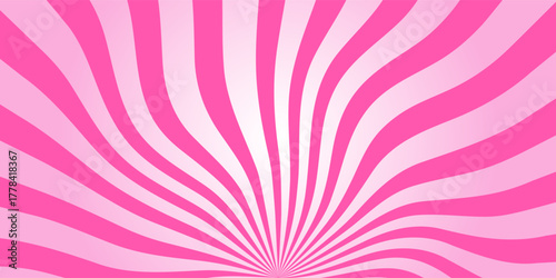Wavy pink radial stripes background. Strawberry lollipop, candy, yogurt or ice cream print. Rosy sunburst, explosion or surprise manga style effect. Groovy y2k pattern. Vector cartoon illustration.