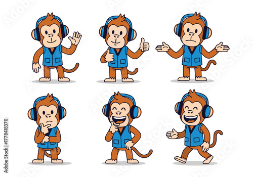 Photography A character sheet of a cool cartoon monkey mascot wearing headphones and a blue vest, shown in various friendly and confident poses
